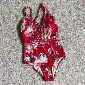 Kona Sol Red & Pink Floral Lace-Up One Piece Swimsuit (small-medium)